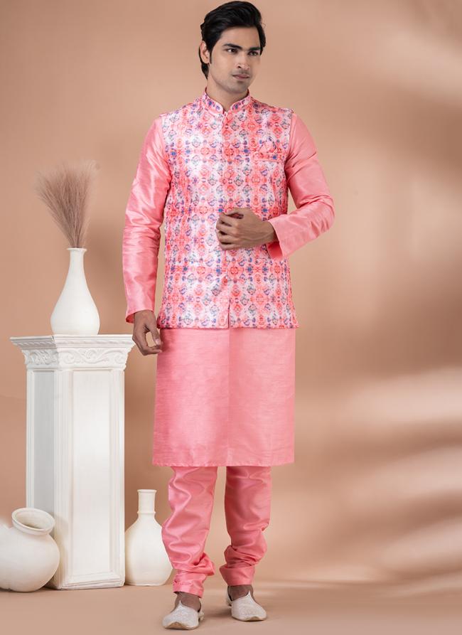 Silk Pink Wedding Wear Embroidery Work Readymade Modi Jacket Kurta Pajama